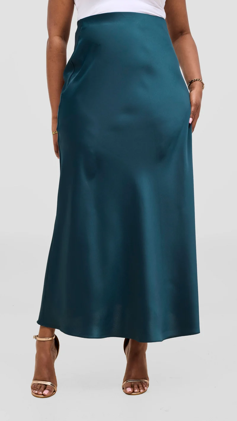 Vivo Talia Maxi Slip Skirt in Satin - Dark Green