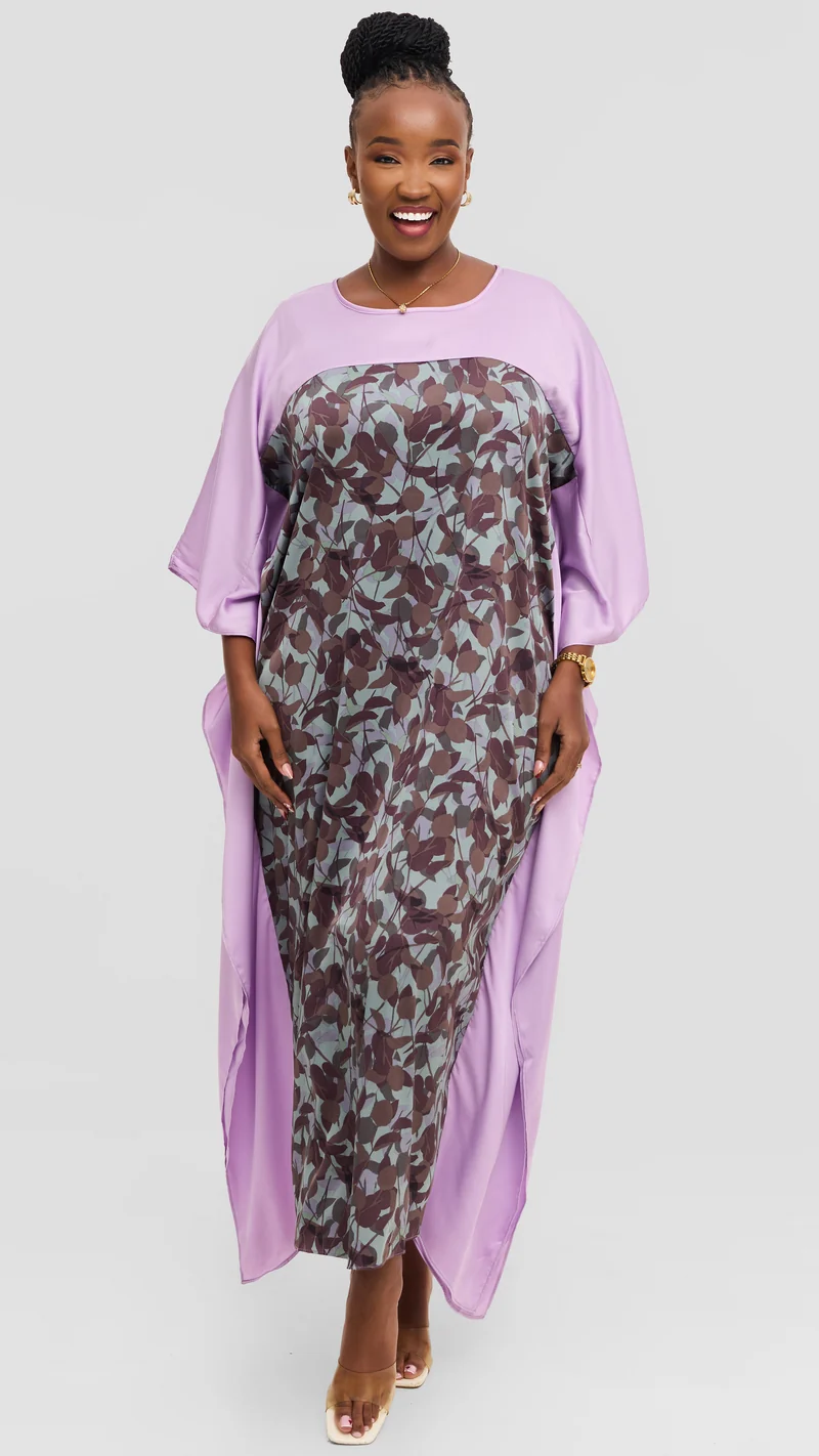 Vivo Keza Satin Border Maxi Kaftan - Teal / Lilac Abstract Print