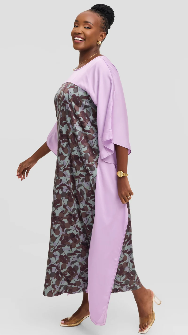 Vivo Keza Satin Border Maxi Kaftan - Teal / Lilac Abstract Print