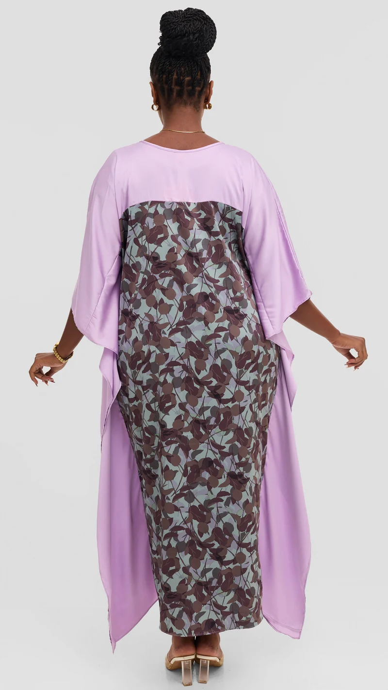 Vivo Keza Satin Border Maxi Kaftan - Teal / Lilac Abstract Print