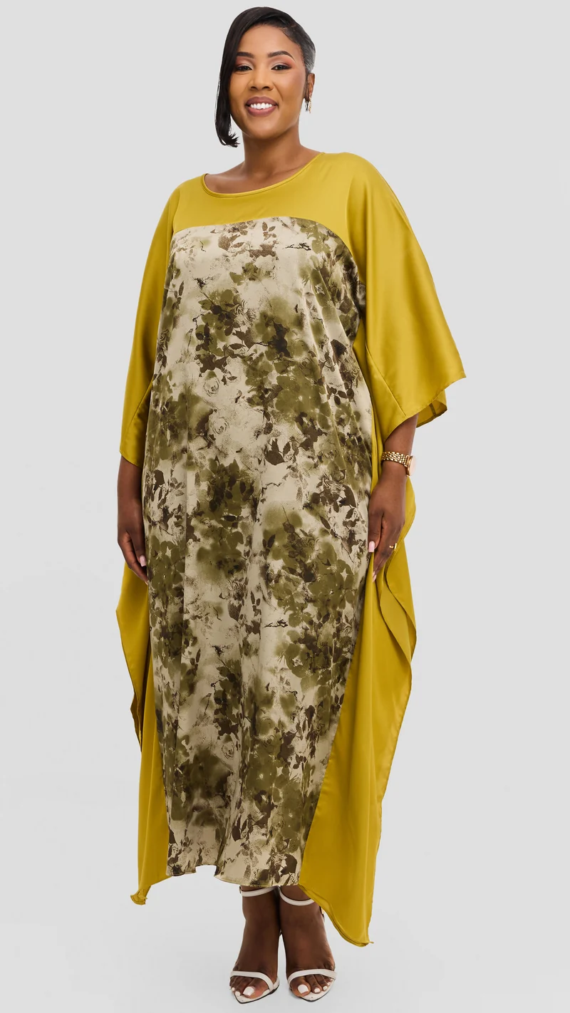 Vivo Keza Satin Border Maxi Kaftan - Olive / Brown Abstract Print