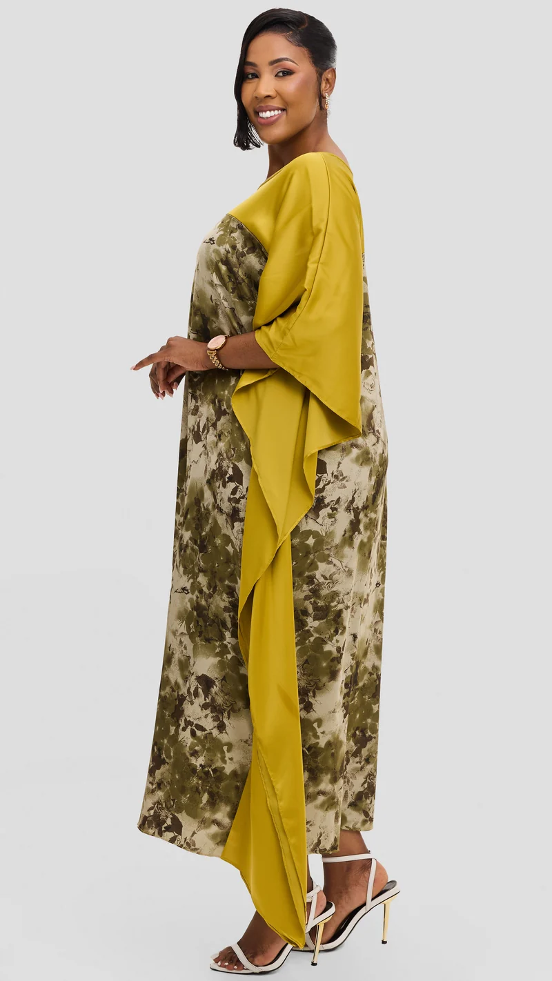 Vivo Keza Satin Border Maxi Kaftan - Olive / Brown Abstract Print