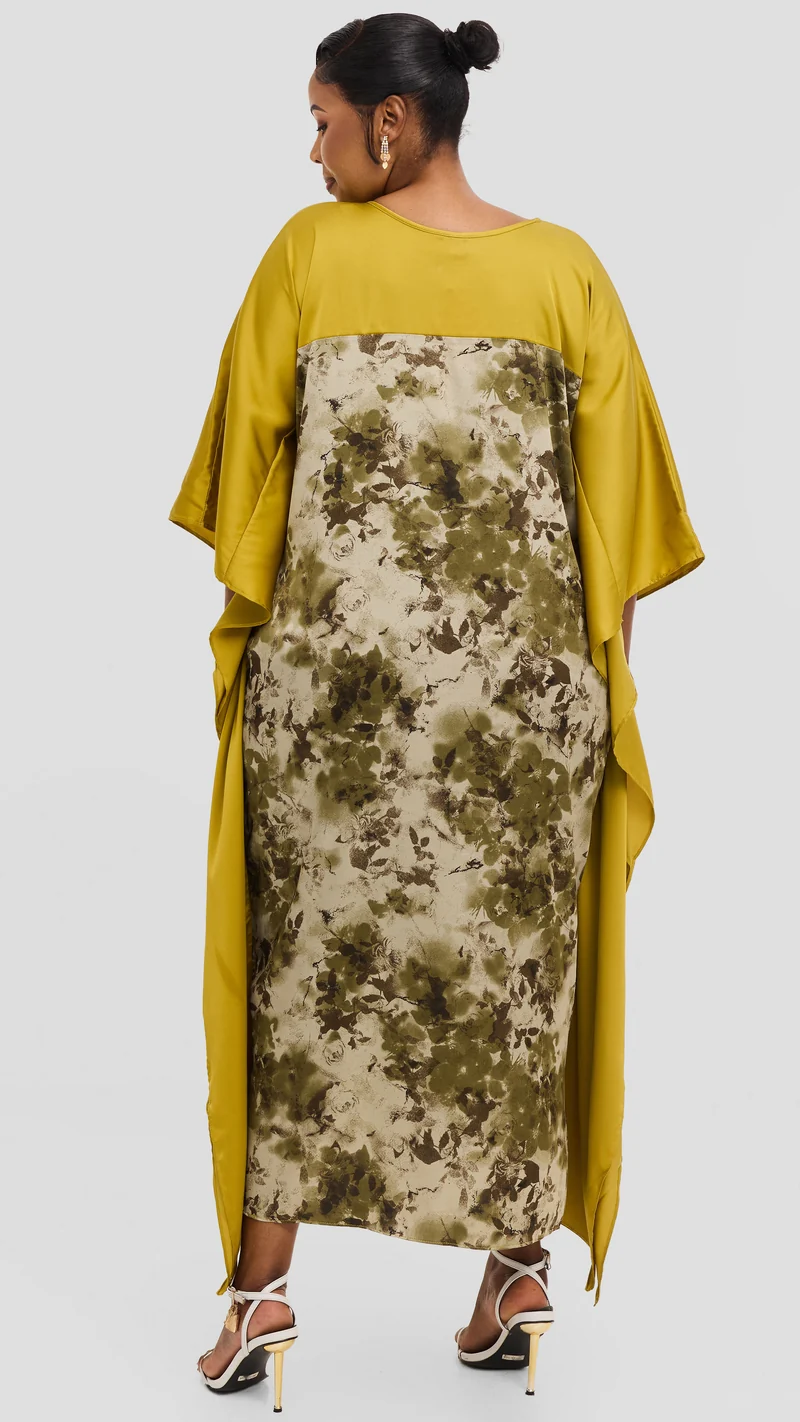 Vivo Keza Satin Border Maxi Kaftan - Olive / Brown Abstract Print