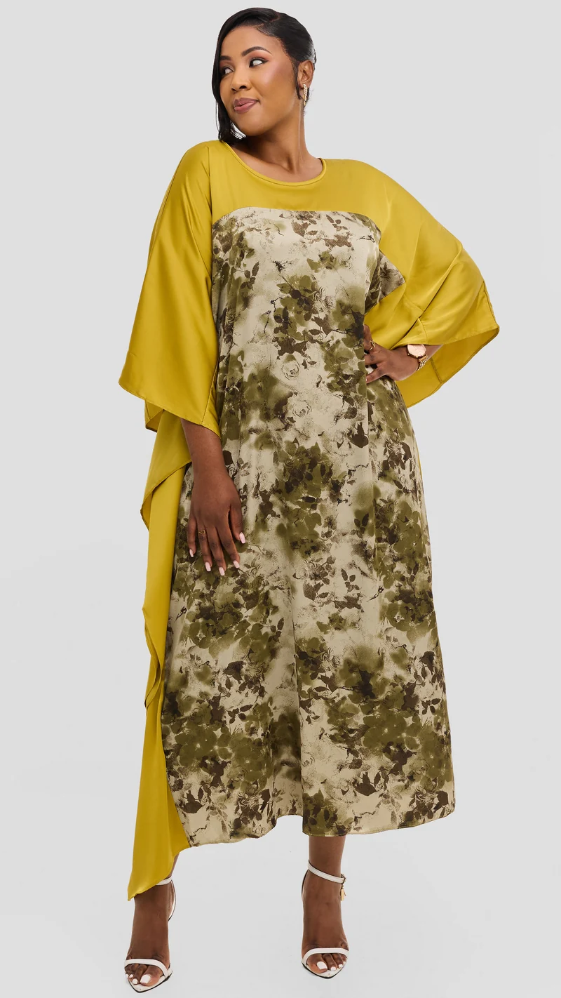 Vivo Keza Satin Border Maxi Kaftan - Olive / Brown Abstract Print