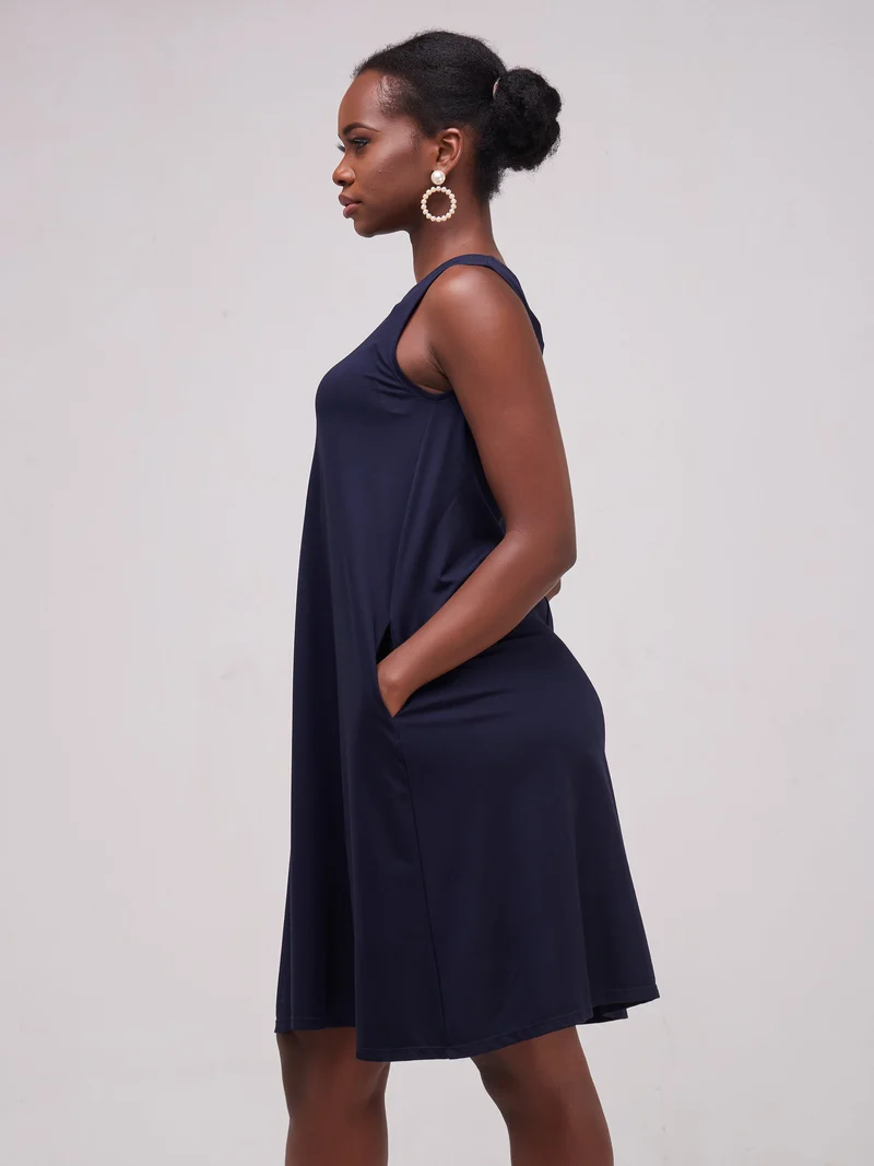 Vivo Basic Sleeveless Kena Tent Dress In Ponte - Navy Blue