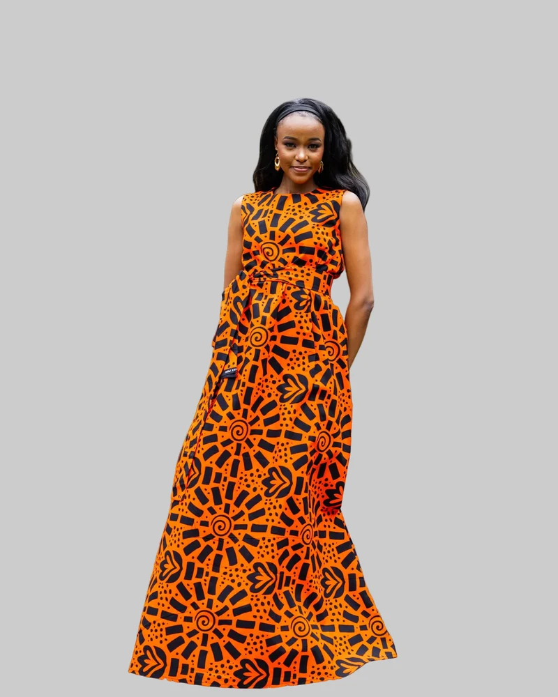 Afriwia Petal African Print Maxi Dress - Orange Print