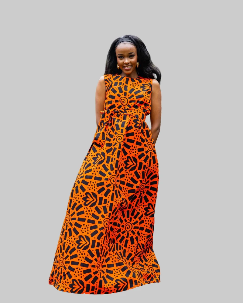 Afriwia Petal African Print Maxi Dress - Orange Print