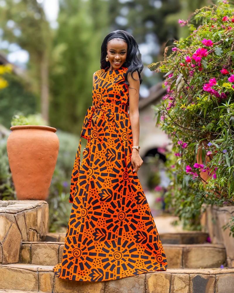 Afriwia Petal African Print Maxi Dress - Orange Print