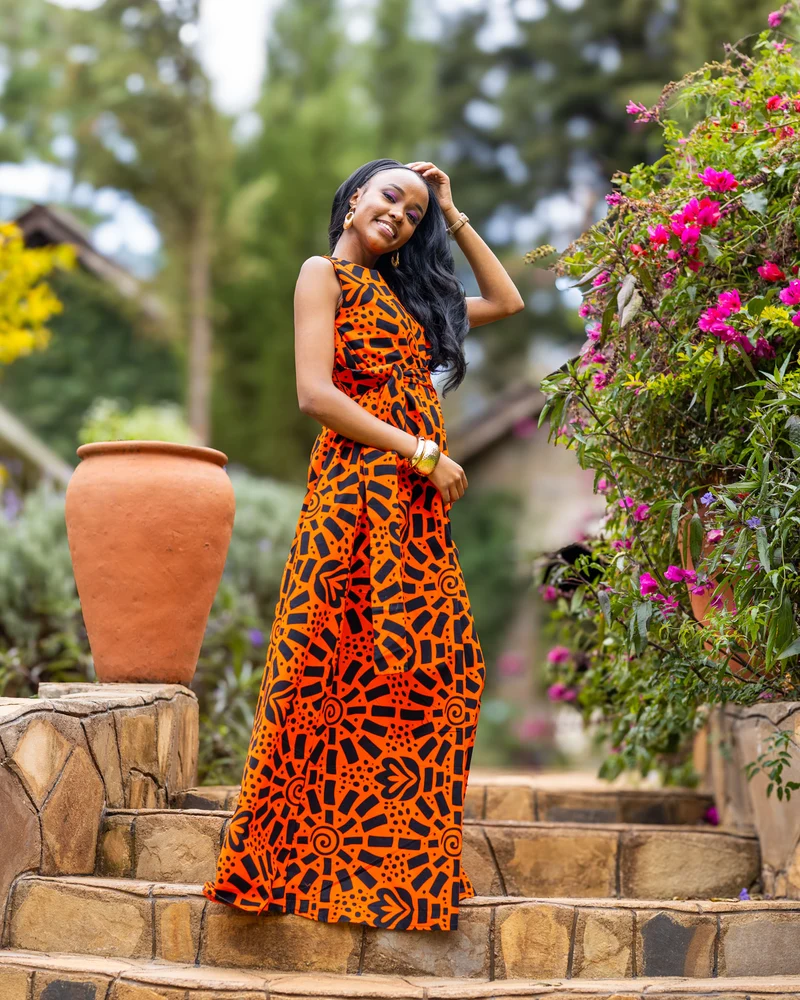 Afriwia Petal African Print Maxi Dress - Orange Print
