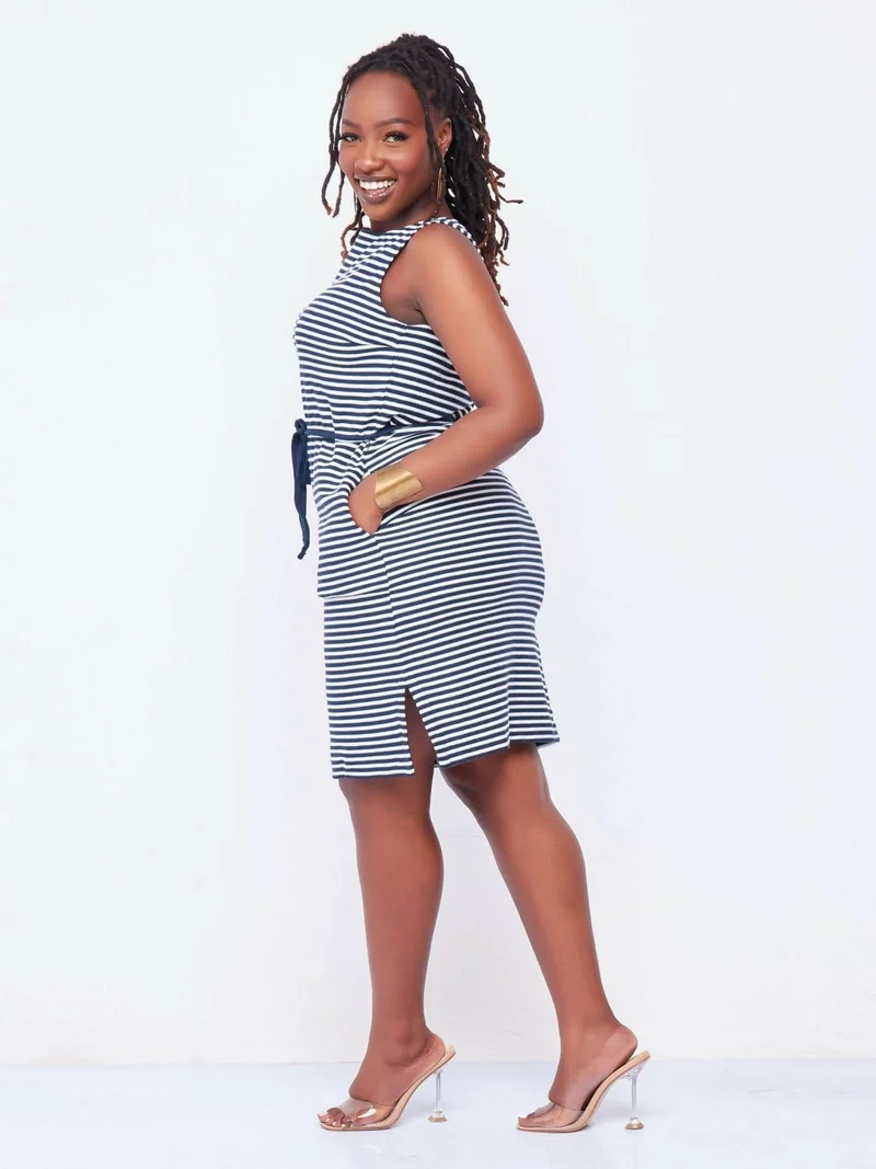 Hessed Mini Stripped Sleeveless Dress - Navy Blue