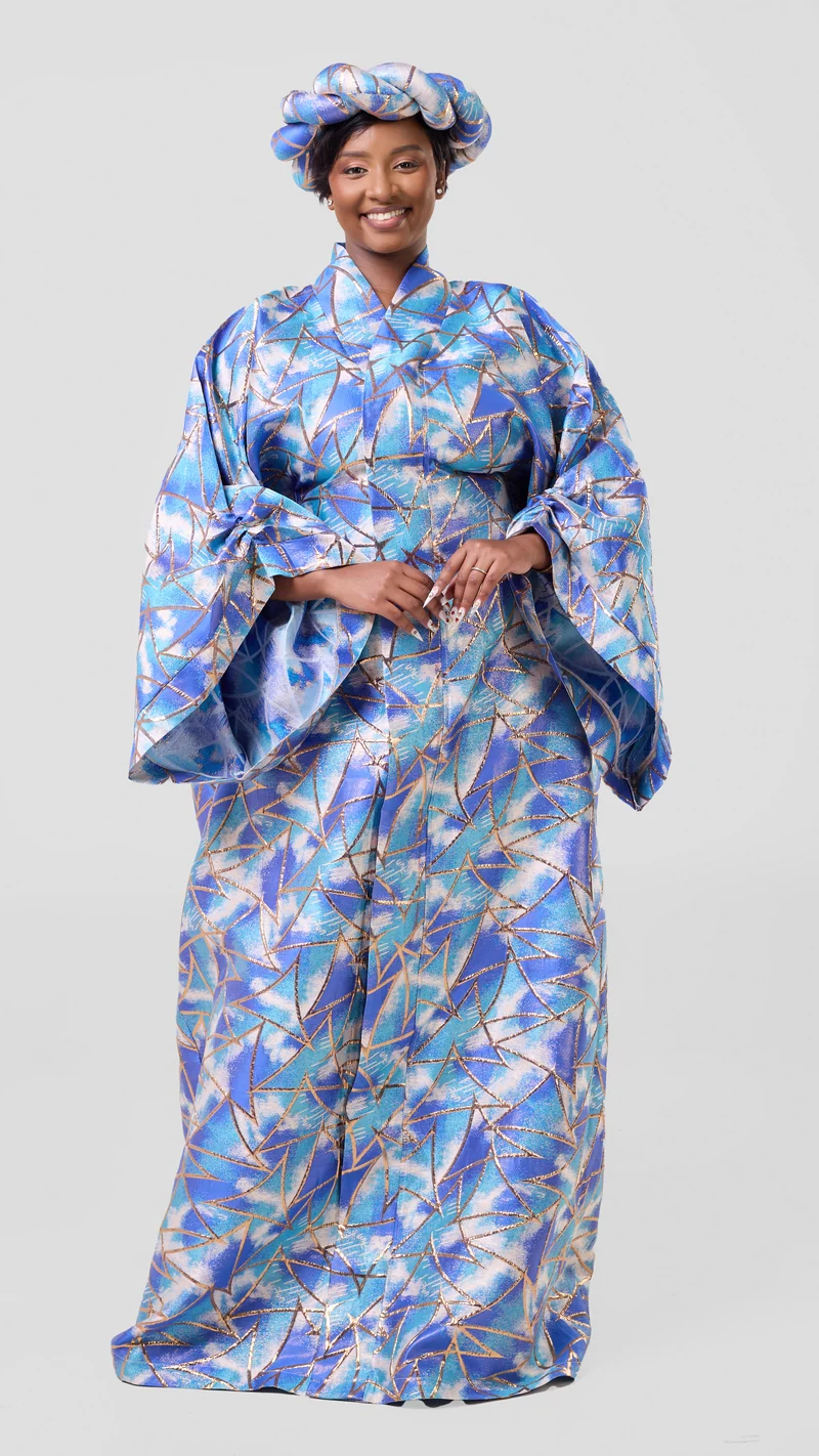 Hats And More Bold Elegance Brocade And Matching Headpiece Dress - Blue / Print