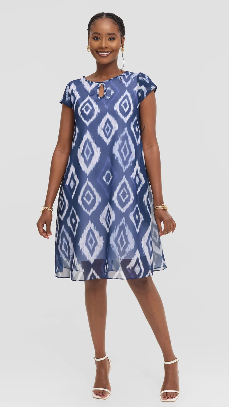 Vivo Sierra Cap Sleeve Tent Chiffon Dress - Navy Textured Print