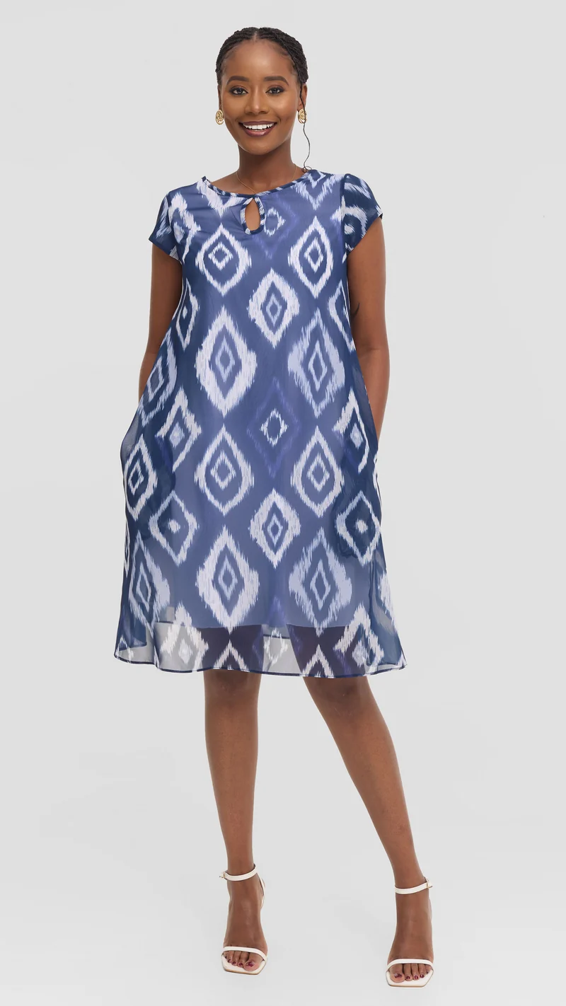 Vivo Sierra Cap Sleeve Tent Chiffon Dress - Navy Textured Print