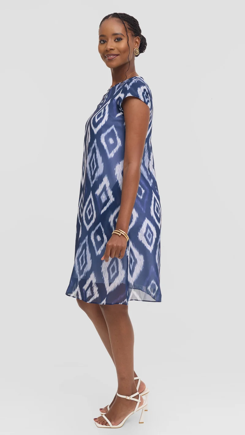 Vivo Sierra Cap Sleeve Tent Chiffon Dress - Navy Textured Print