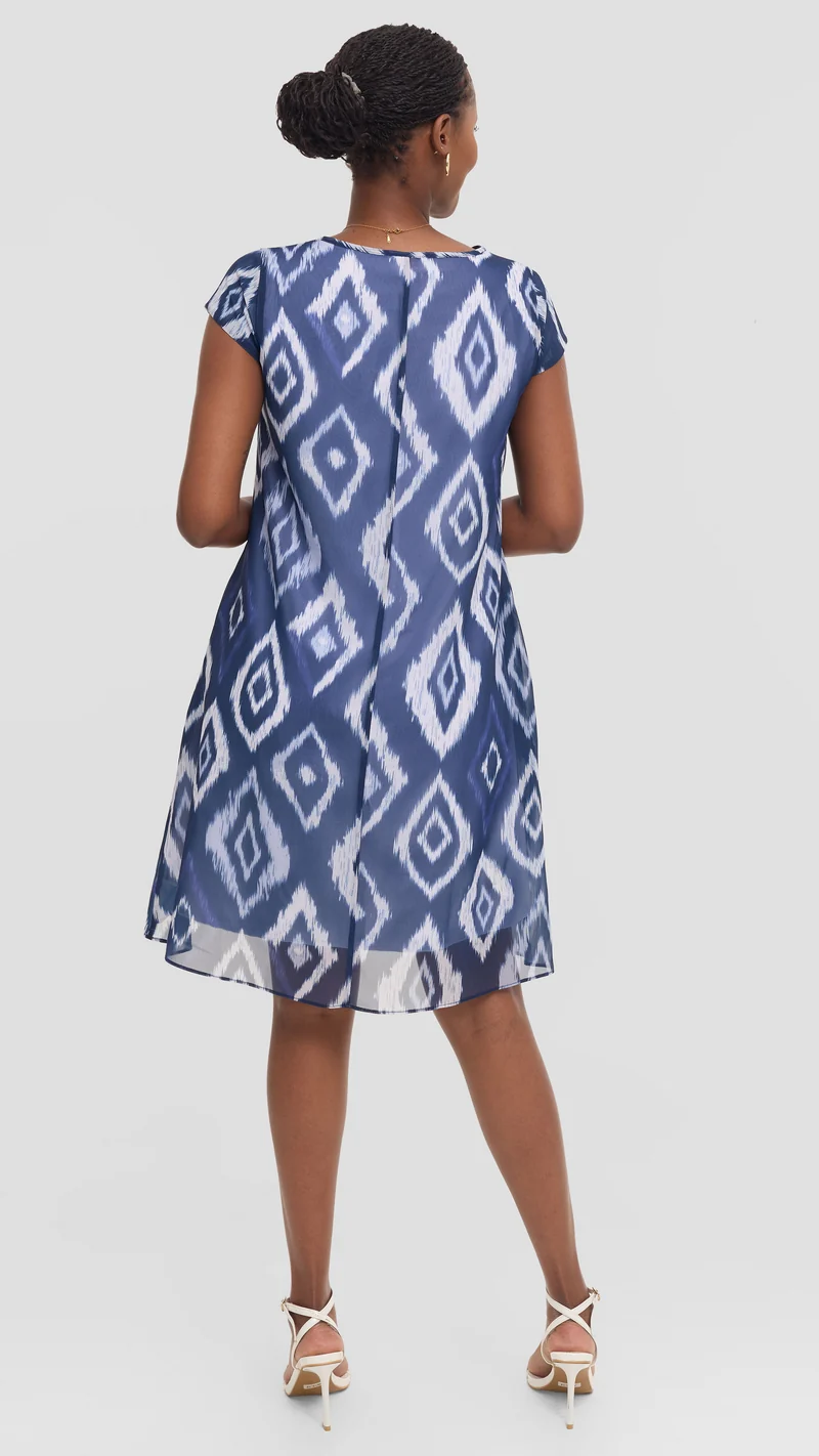 Vivo Sierra Cap Sleeve Tent Chiffon Dress - Navy Textured Print