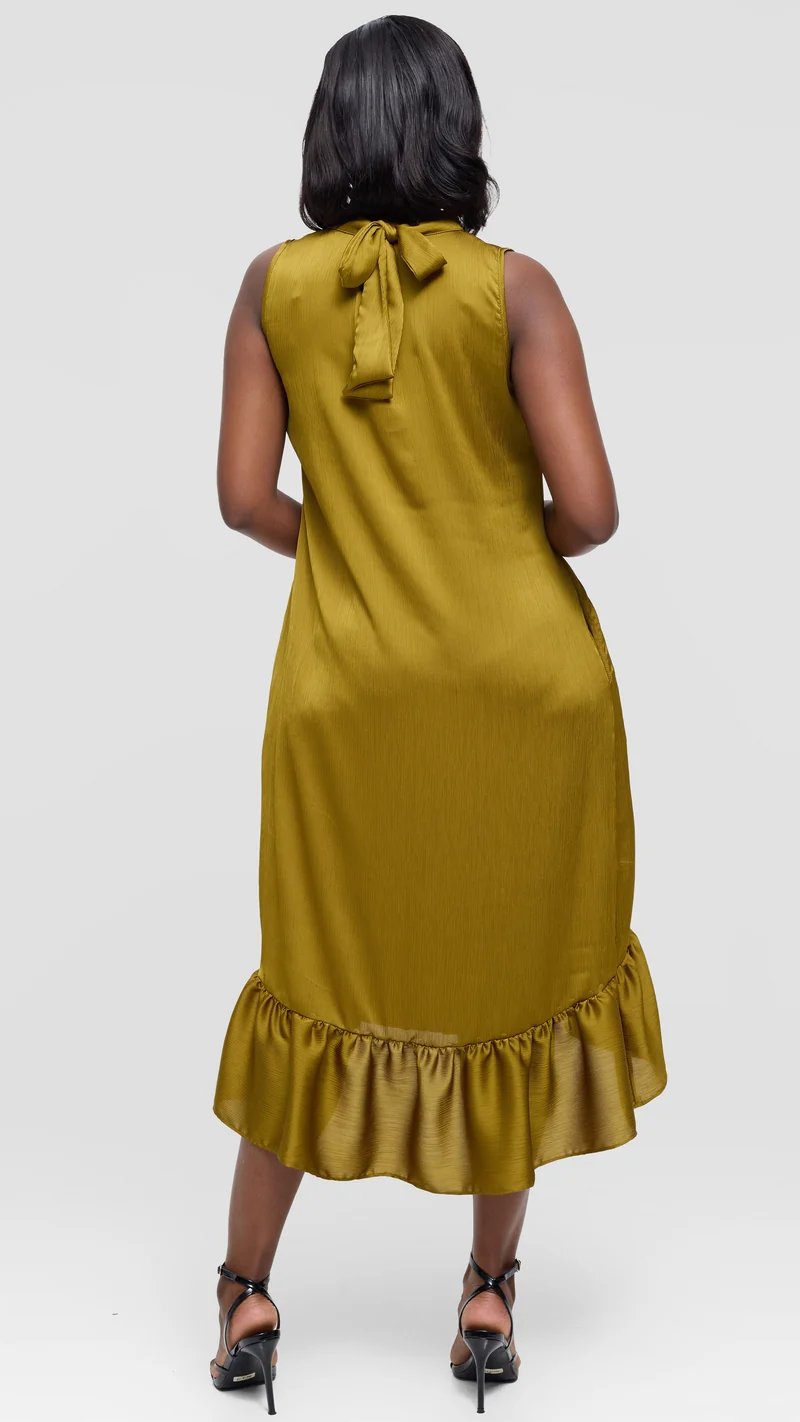 Vivo Samira Midi Dress in Textured Satin - Dark Olive