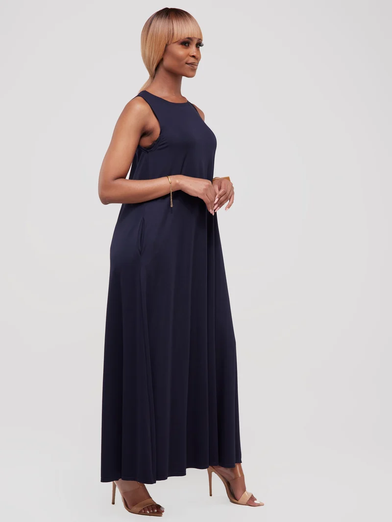Vivo Basic Sleeveless Kena Tent Maxi Dress in Ponte - Navy Blue