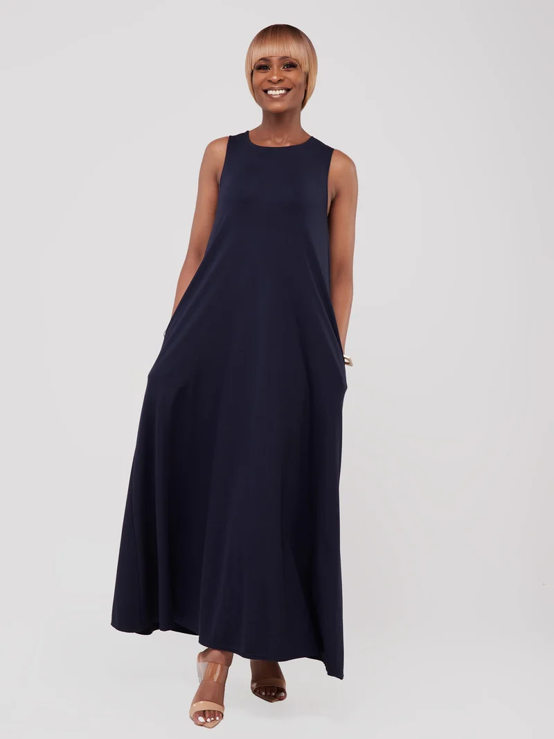 Vivo Basic Sleeveless Kena Tent Maxi Dress in Ponte - Navy Blue