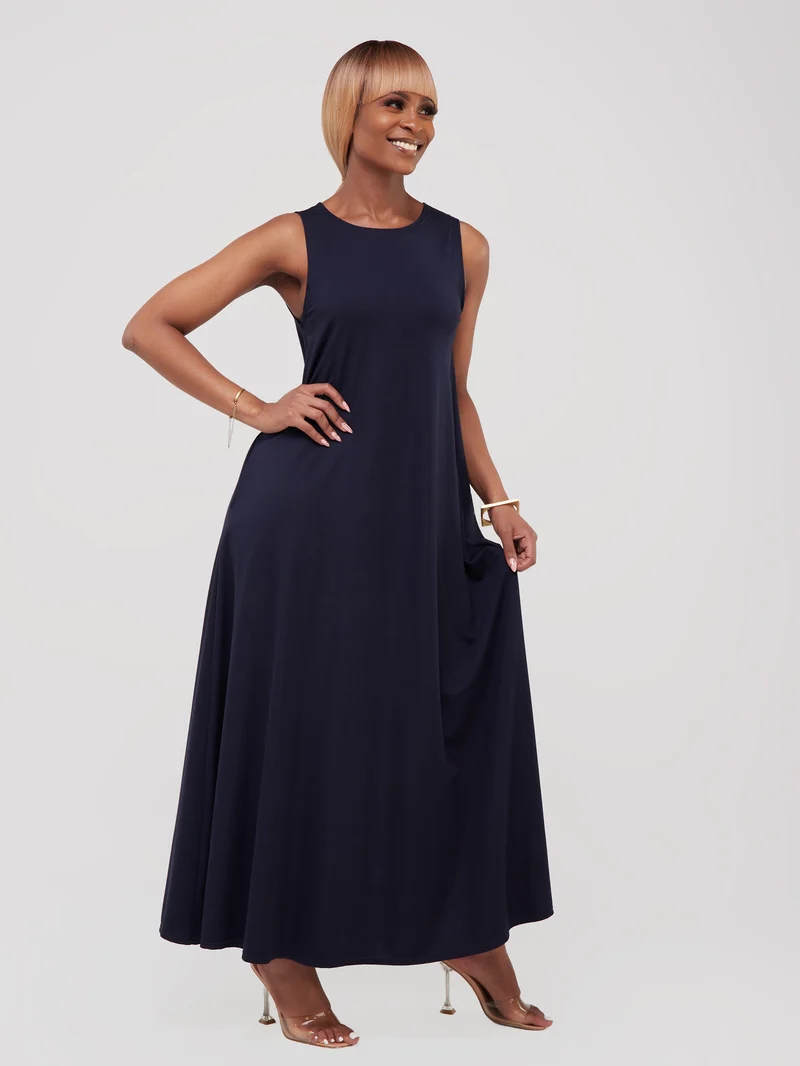 Vivo Basic Sleeveless Kena Tent Maxi Dress in Ponte - Navy Blue