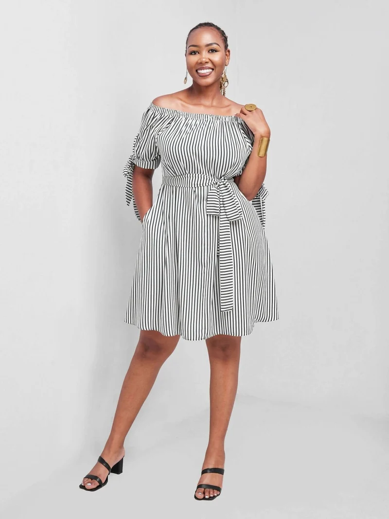 Salok Havilah Dabby Off-shoulder Knee Length Dress - Navy Blue Stripes