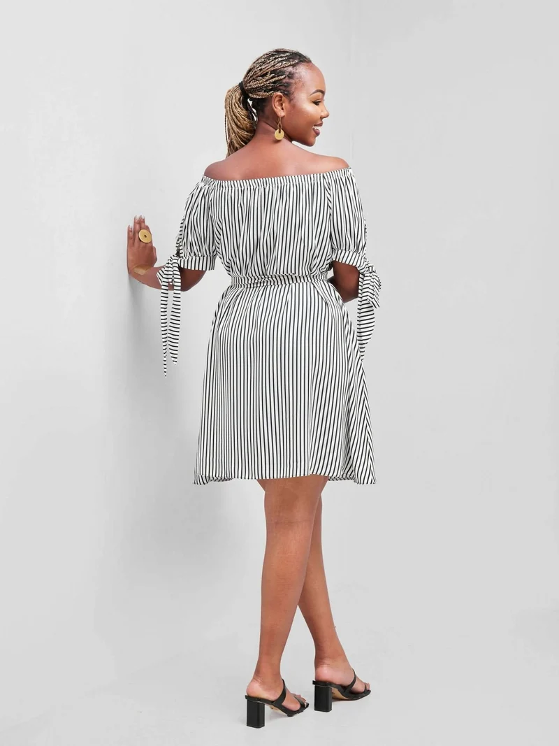 Salok Havilah Dabby Off-shoulder Knee Length Dress - Navy Blue Stripes