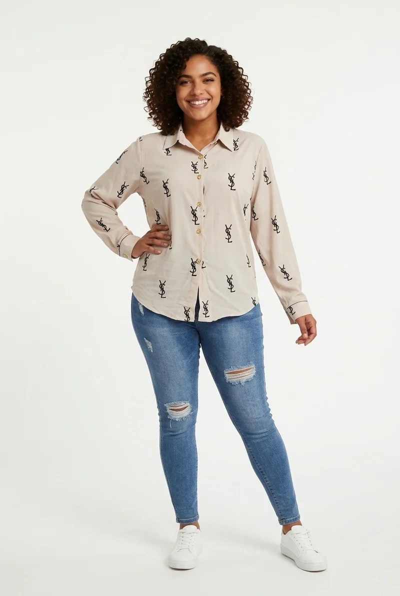 Stylish Sisters Printed Long-Sleeve Button-Down Shirt - Beige