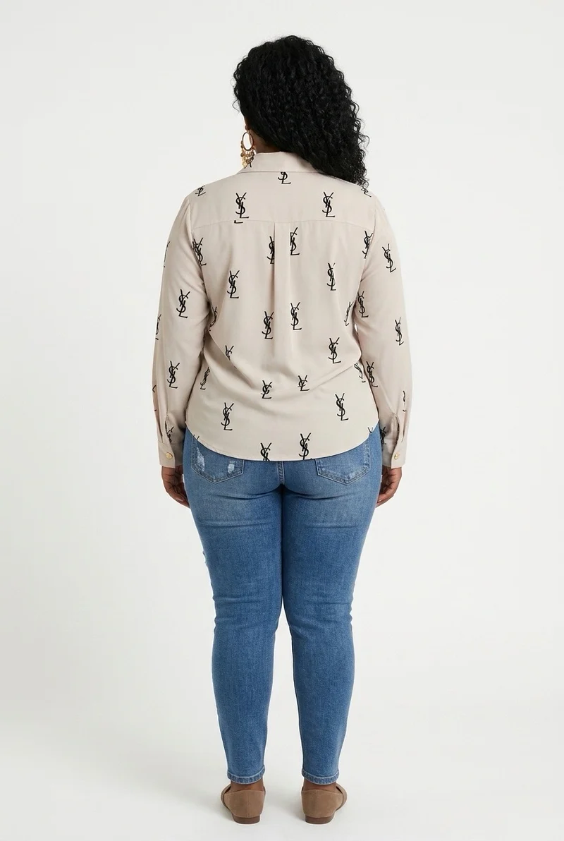 Stylish Sisters Printed Long-Sleeve Button-Down Shirt - Beige