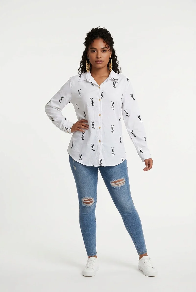 Stylish Sisters Printed Long-Sleeve Button-Down Shirt - White