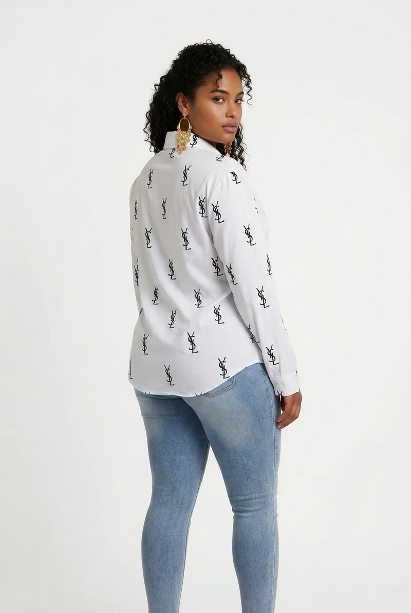 Stylish Sisters Printed Long-Sleeve Button-Down Shirt - White