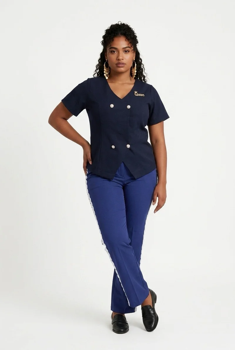 Stylish Sisters Scalloped Hem Double - Breasted Short Sleeve Blazer Top - Black