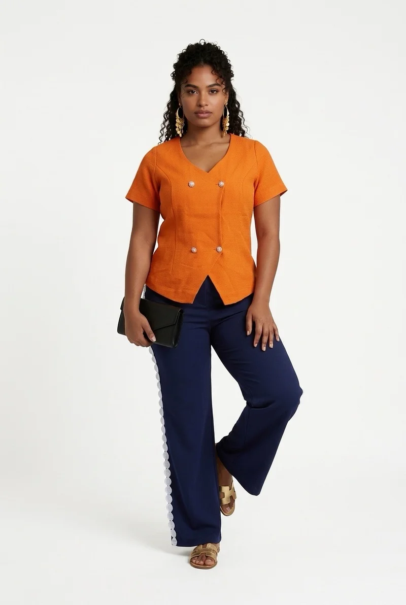 Stylish Sisters Scalloped Hem Double-Breasted Short Sleeve Blazer Top - Orange