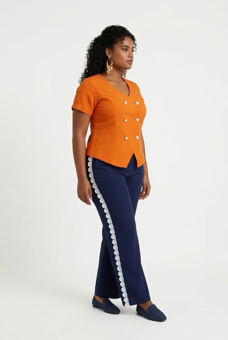 Stylish Sisters Scalloped Hem Double-Breasted Short Sleeve Blazer Top - Orange
