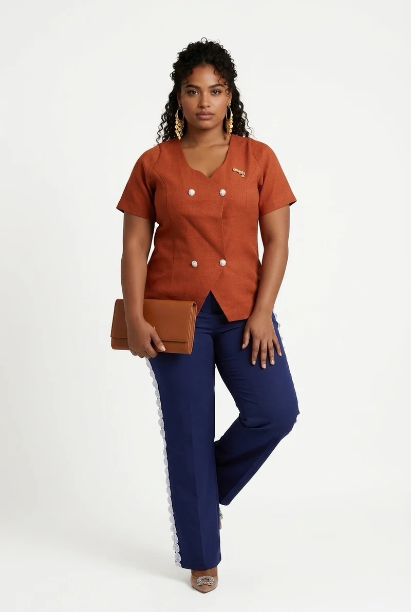 Stylish Sisters Scalloped Hem Double-Breasted Short Sleeve Blazer Top - Brown