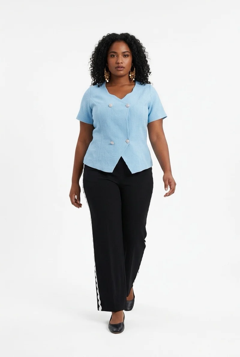 Stylish Sisters Scalloped Hem Double-Breasted Short Sleeve Blazer Top - Sky Blue