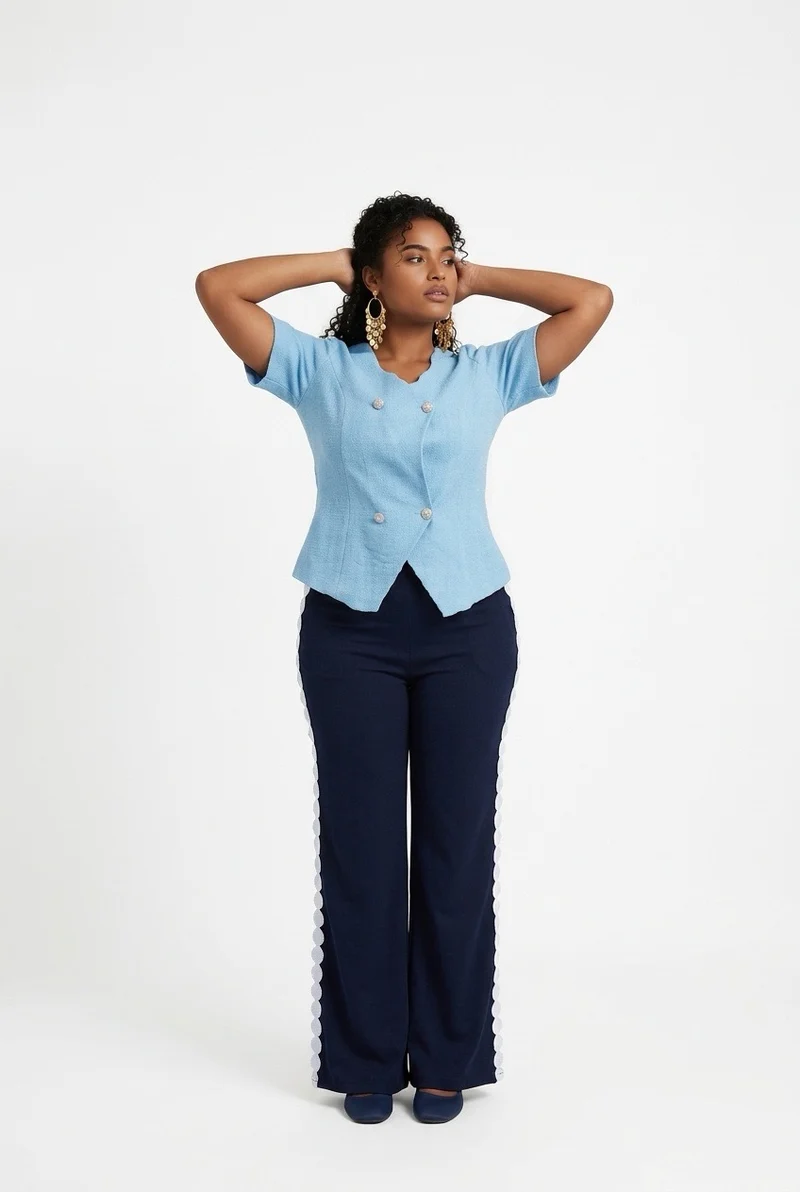 Stylish Sisters Scalloped Hem Double-Breasted Short Sleeve Blazer Top - Sky Blue