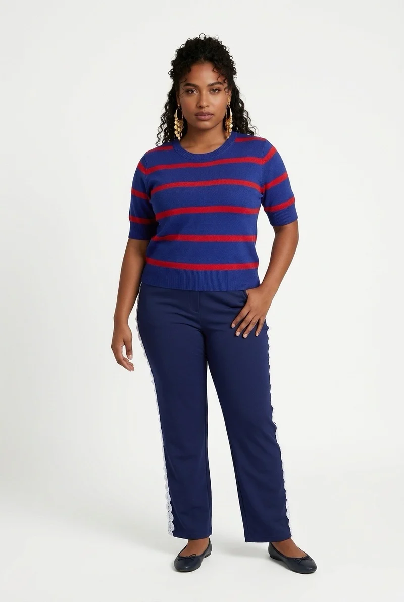 Stylish Sisters Striped Short-Sleeve Knit Sweater Tee - Blue / Red