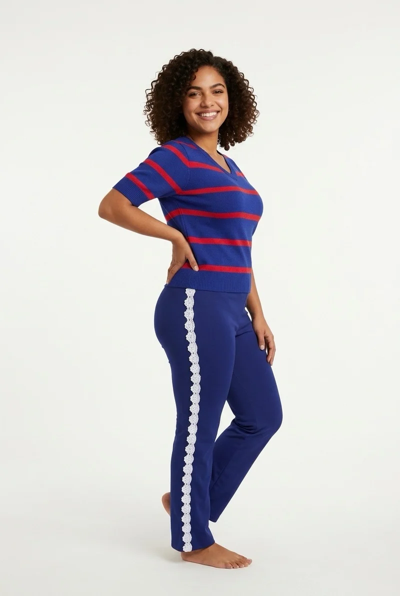 Stylish Sisters Striped Short-Sleeve Knit Sweater Tee - Blue / Red
