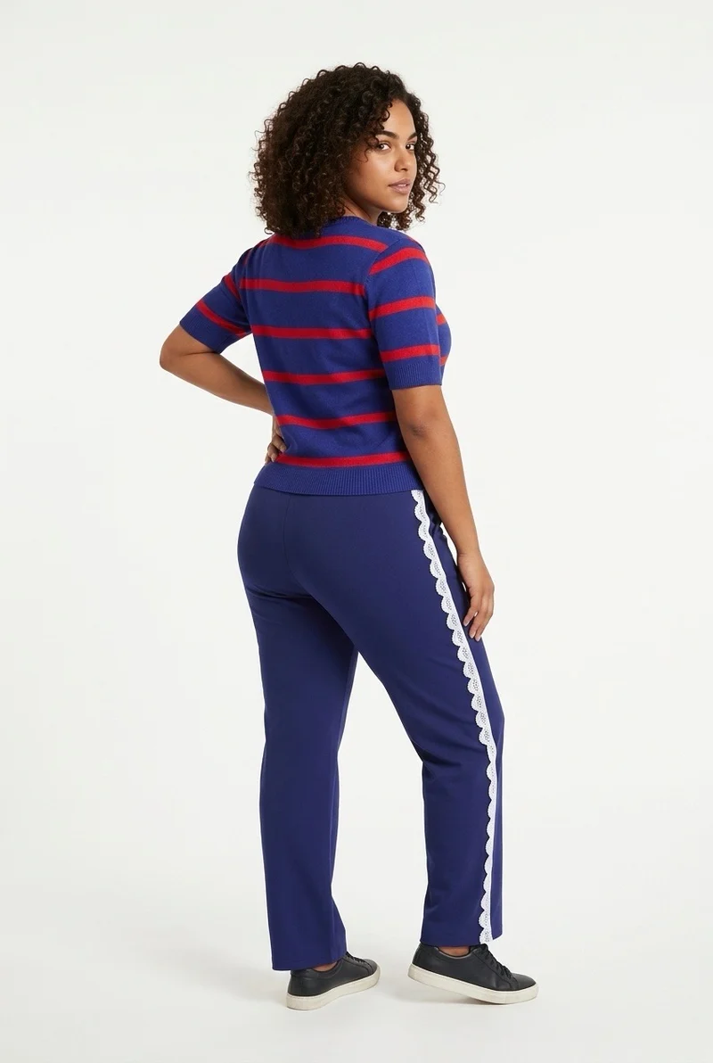 Stylish Sisters Striped Short-Sleeve Knit Sweater Tee - Blue / Red