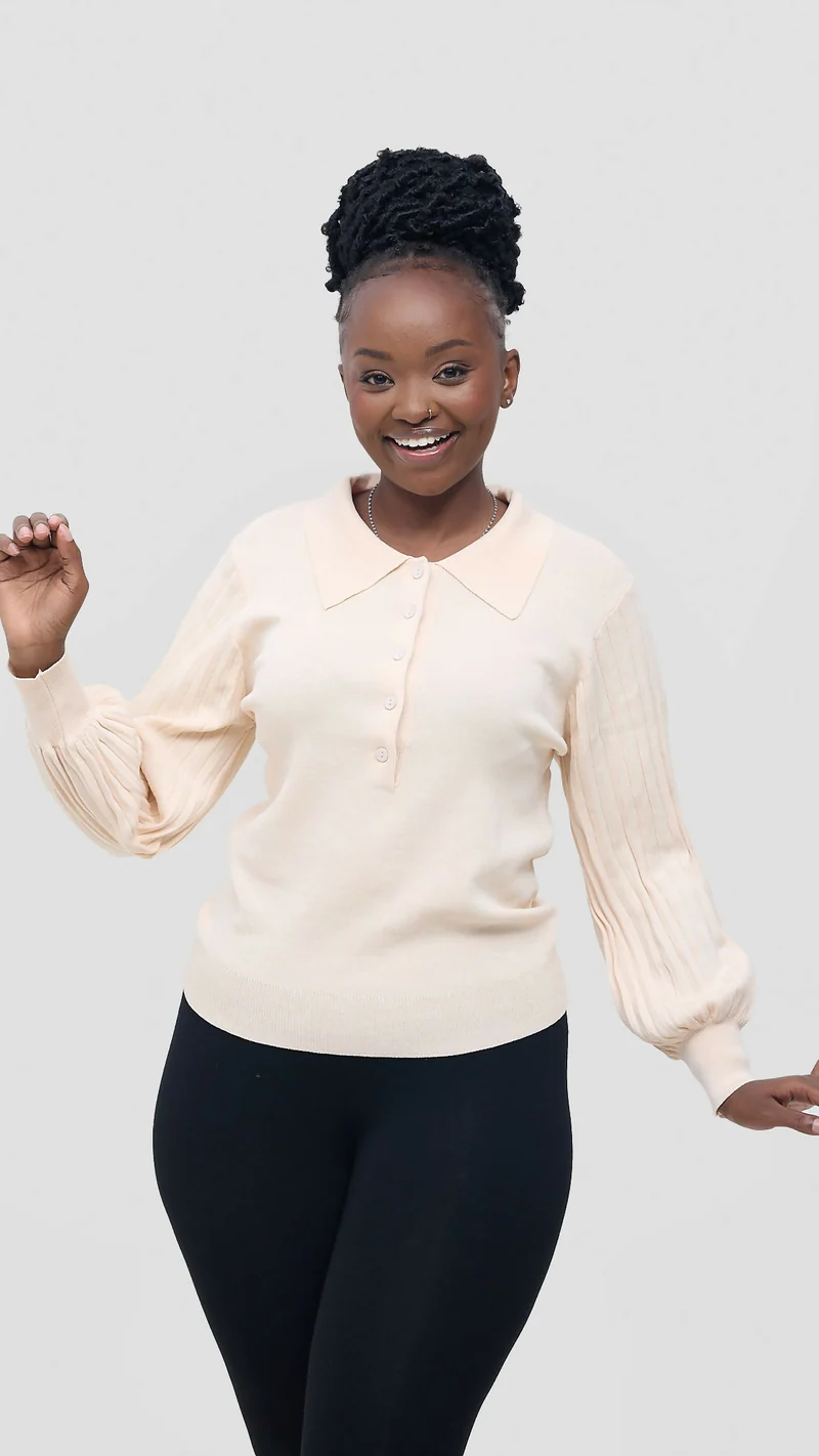 Hessed Long Sleeve Knit Polo Shirt Collar - Cream / White