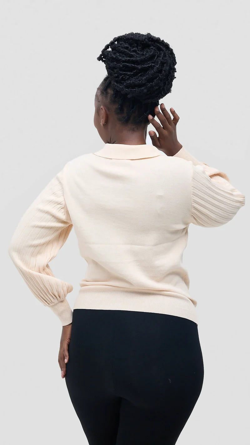 Hessed Long Sleeve Knit Polo Shirt Collar - Cream / White