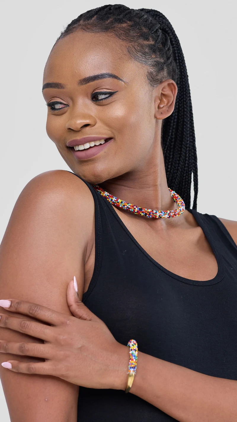 African Beaded Choker Necklace Set with Matching Bracelet – Multicolor
