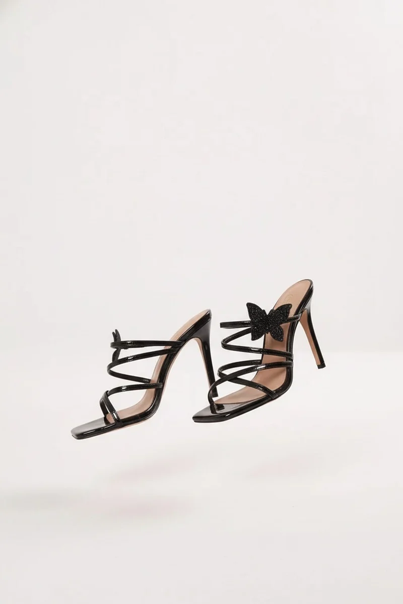 Stylish Sisters Black Butterfly Appliqué Strappy Heeled Mules - Black