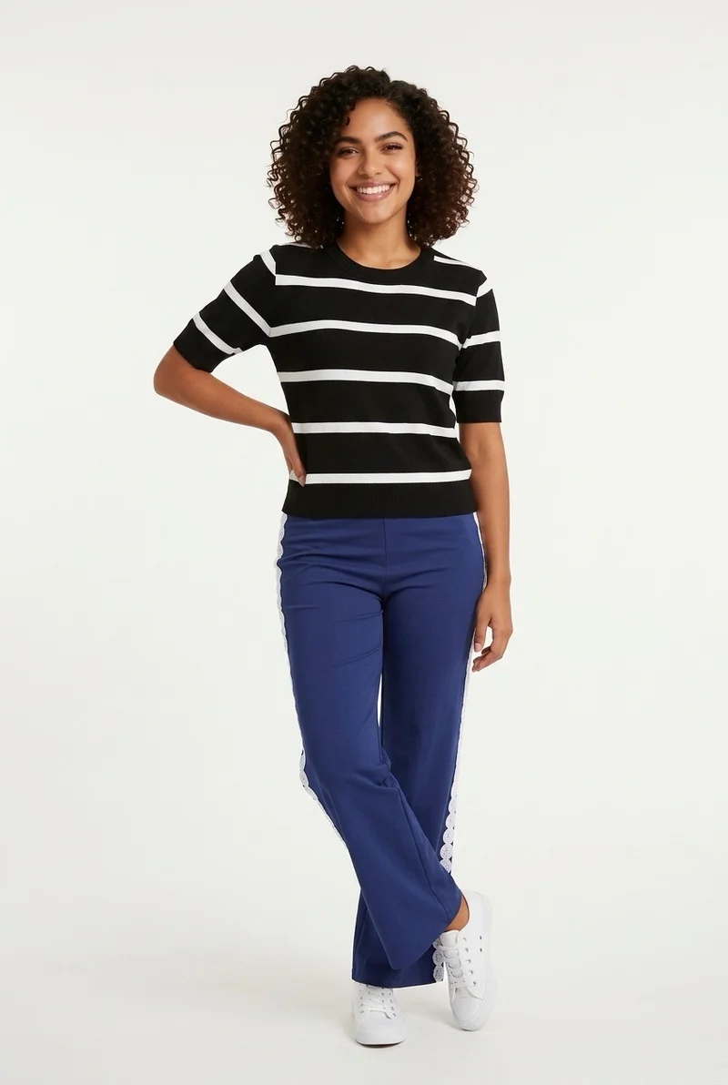 Stylish Sisters Striped Short-Sleeve Knit Sweater Tee - Black / White