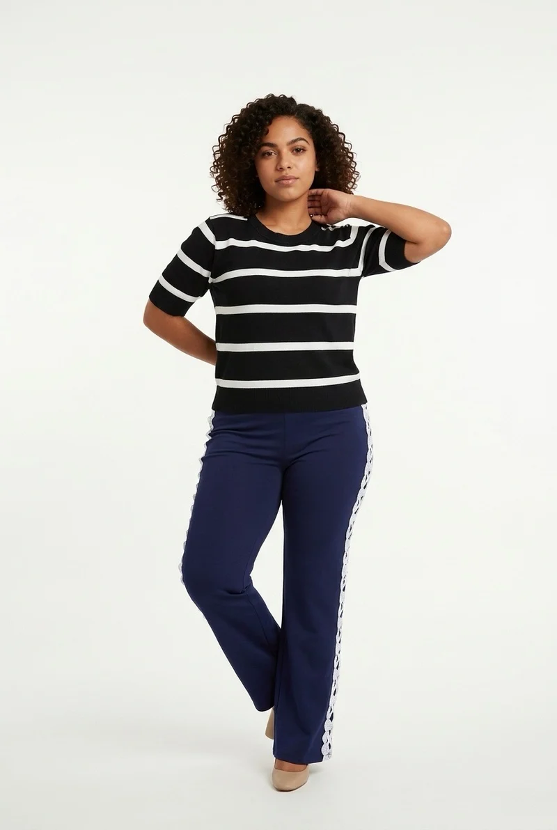 Stylish Sisters Striped Short-Sleeve Knit Sweater Tee - Black / White