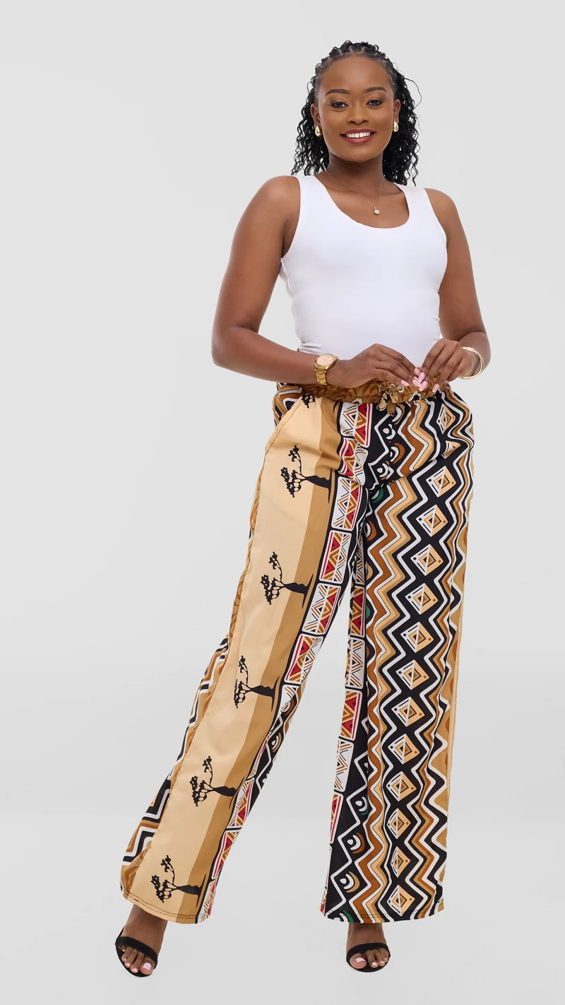TimyT Urban Wear-Safari Palazzo Pant-Earth Tone Tribal Print