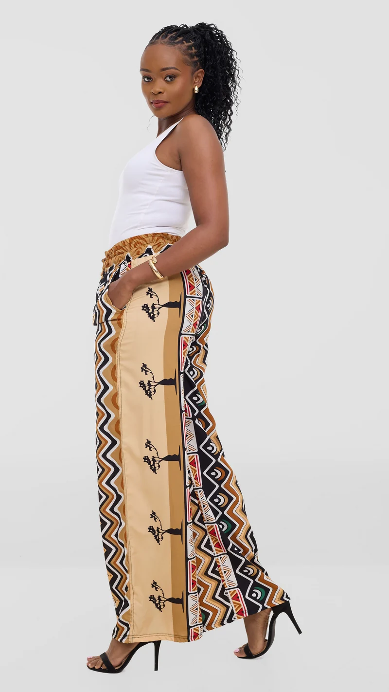 TimyT Urban Wear-Safari Palazzo Pant-Earth Tone Tribal Print