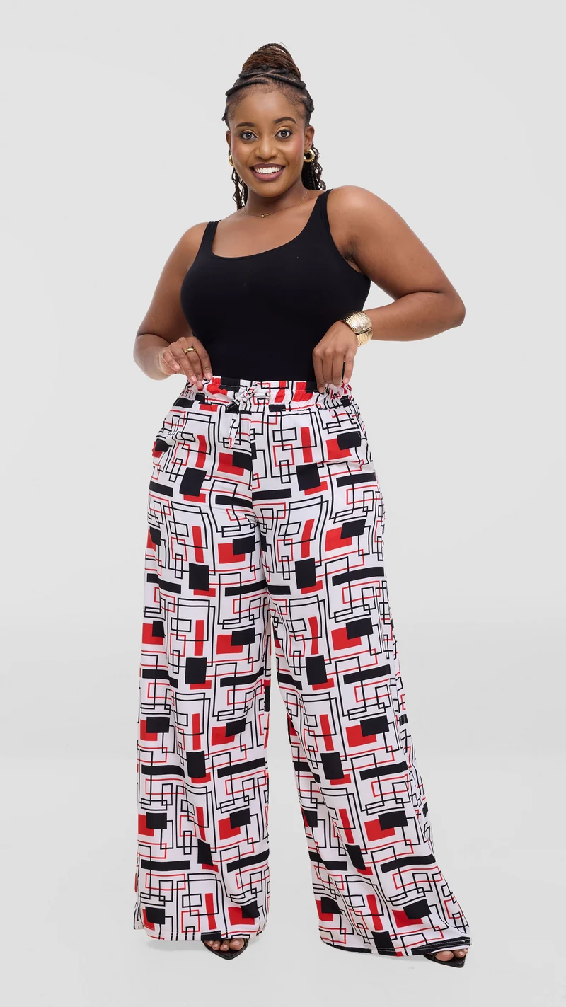 TimyT Urban Wear-Classy Palazzo Pant- Red / Black / White Geometric Print