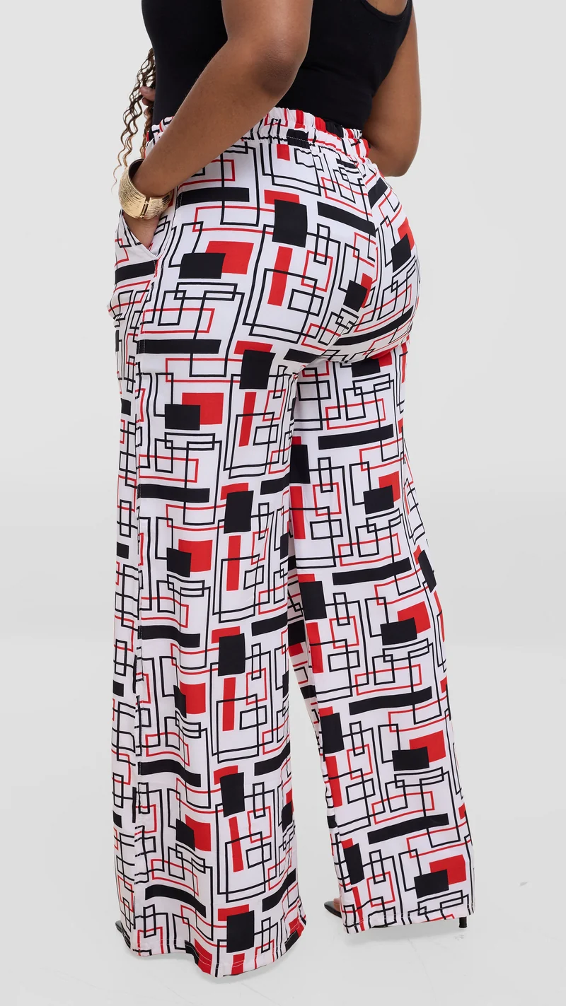 TimyT Urban Wear-Classy Palazzo Pant- Red / Black / White Geometric Print