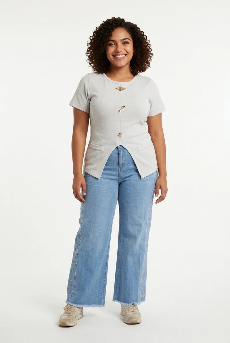 Stylish Sisters Crew Neck Gold Button Detailed Slit Top - White