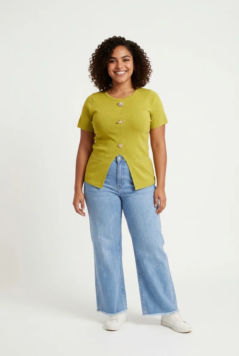 Stylish Sisters Crew Neck Gold Button Detailed Slit Top - Luminous Green